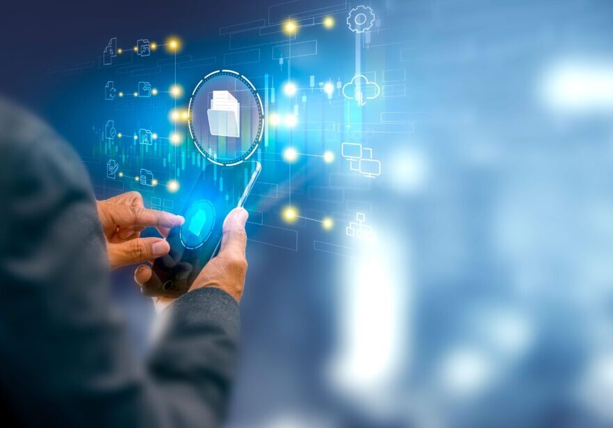 Businessman using computer technology for document management online document database and digital file storage systems or software record keeping document sharing