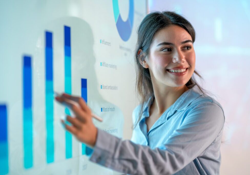 financial technology, data analytics, and progress in this compelling collection of visuals from the world of finance and technology. Businesswoman preparing the project, She manages and leads meetings on graphical screens in a modern business office.